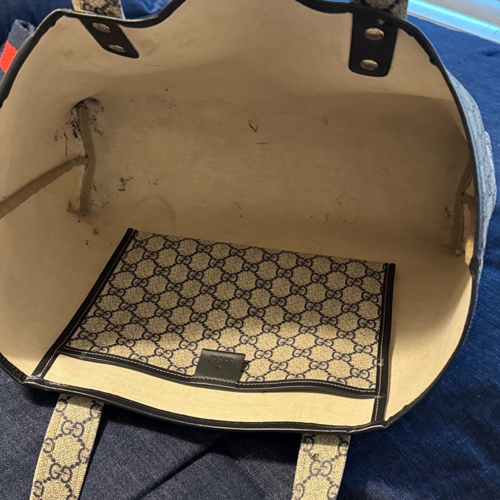 Gucci Beige GG Canvas Tote with Navy Handles and Red-Green Web Accent - Picture 7 of 8